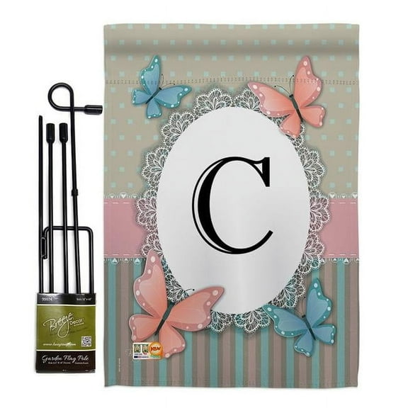Breeze Decor BD-BG-GS-130133-IP-BO-D-US14-BD 13 x 18.5 in. Butterflies C Initial Garden Friends Bugs & Frogs Impressions Decorative Vertical Double Sided Flag Set with Banner Pole