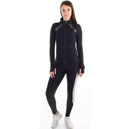 Black Mesh Jacket - Women's Active Set Jacket and Leggings with Mesh Blocking Contrast