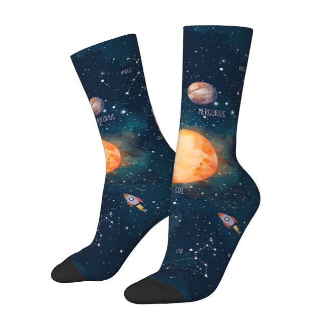 Lsque Solar System And Planets Printed Men's Crew Socks, Soft Durable Breathable Moisture-Wicking with Odor Control Cotton socks
