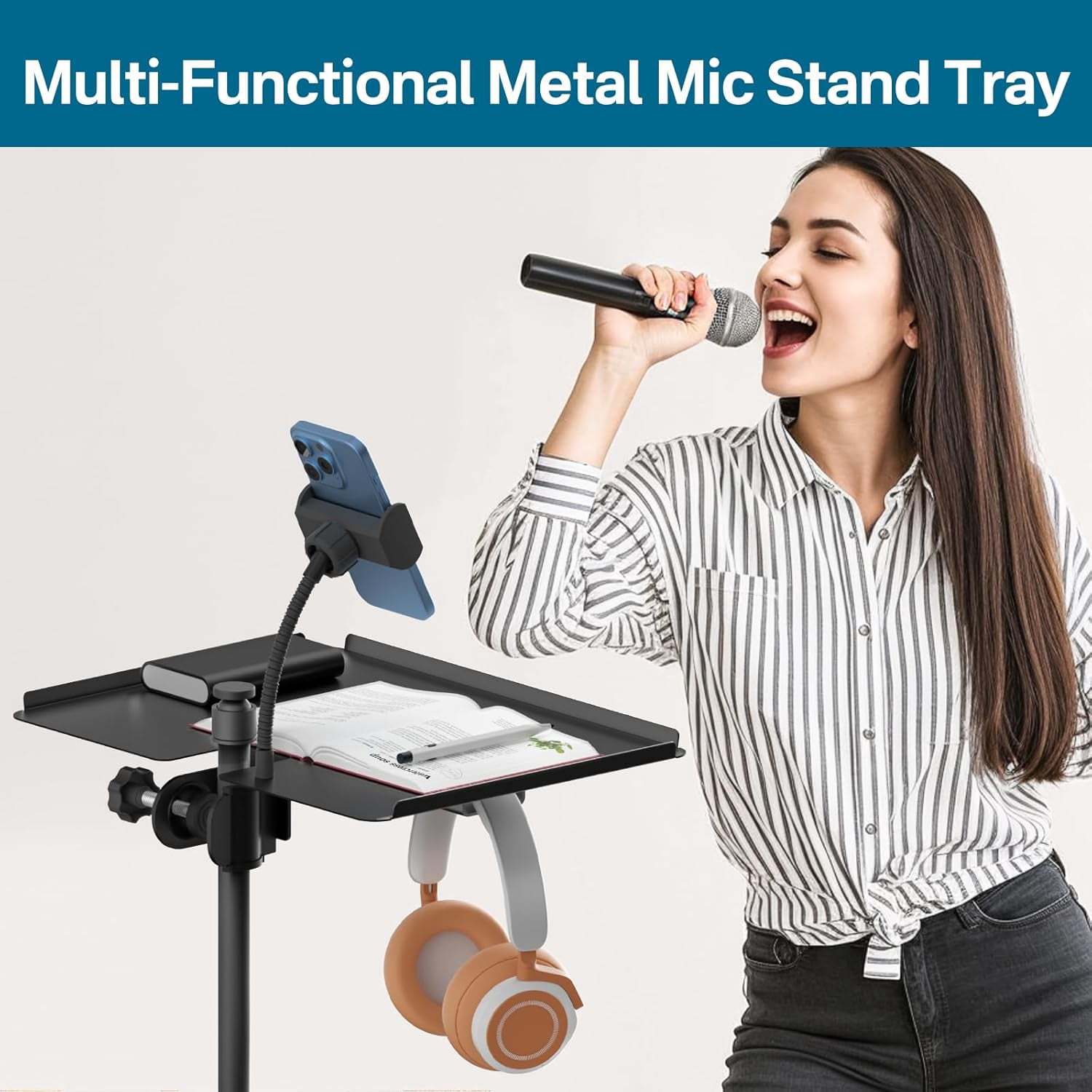 Multi-Functional Metal Mic Stand Tray Shelf with Phone Holder - Universal Microphone Stand Tray Clamp on Most Studio, Concert, Karaoke, Music Stand Tray with 11.7" x 7.8" for Storage