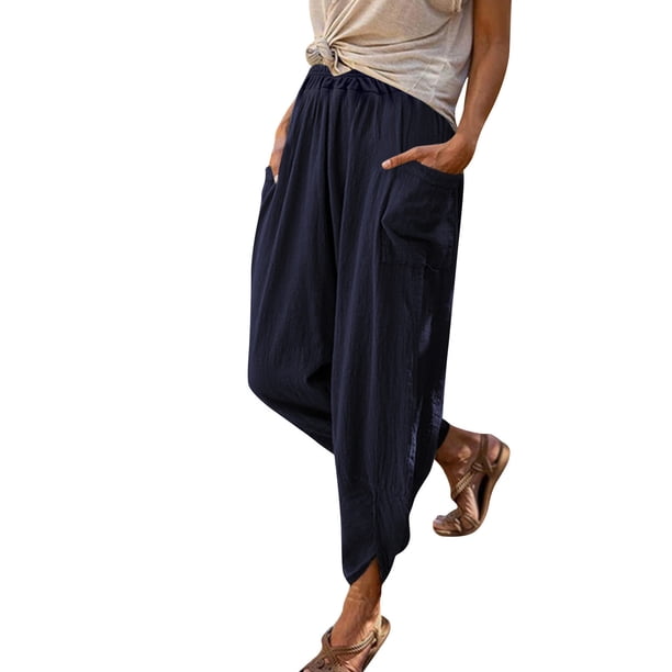 Gibobby pantalones para mujer Pantalones largos de cintura alta para mujer, pantalones fáciles de Color sólido, nueve minutos de pantalones, pantalones con bolsillos para la playa (Azul marino, M)