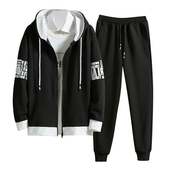 Men's Tracksuits 2 Piece Set Color Patchwork Loose Fit Hoodie Sweatshirt and Joggers Sweatpants Sets Versatile Pullover Suit with Pocket Black L