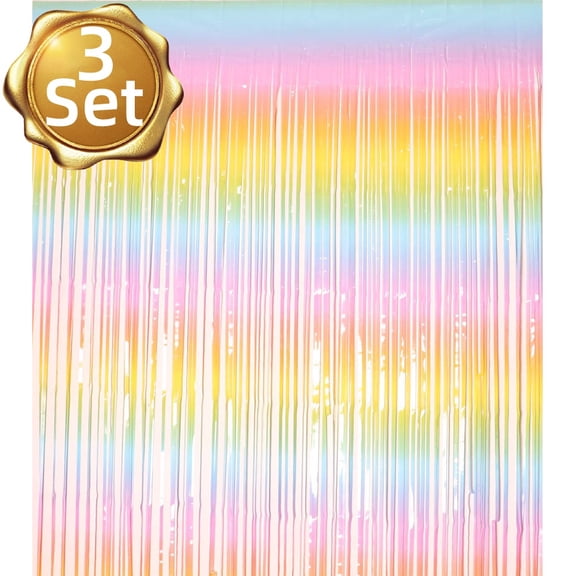 Rainbow Foil Fringe Curtain Streamers for Party Birthday Easter Hanging Backdrop Decor, 3 Pcs