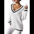 thumbnail image 1 of Suéter Holgado de Punto A Rayas de Larga para Mujer, Estilo Preppy, para Otoño e Invierno, con Cuello en V L, 1 of 8