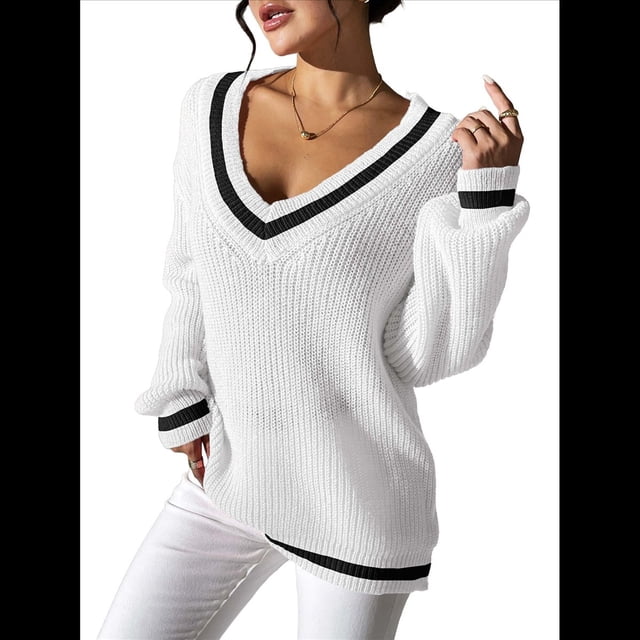 Suéter Holgado de Punto A Rayas de Larga para Mujer, Estilo Preppy, para Otoño e Invierno, con Cuello en V L