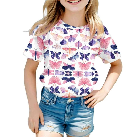 SNKSDGM Girls Girls White T Shirt Clothes for Girls 10-12 Kids Erfly Print Short Sleeve T Shirt Tops Casual 8-9 Years