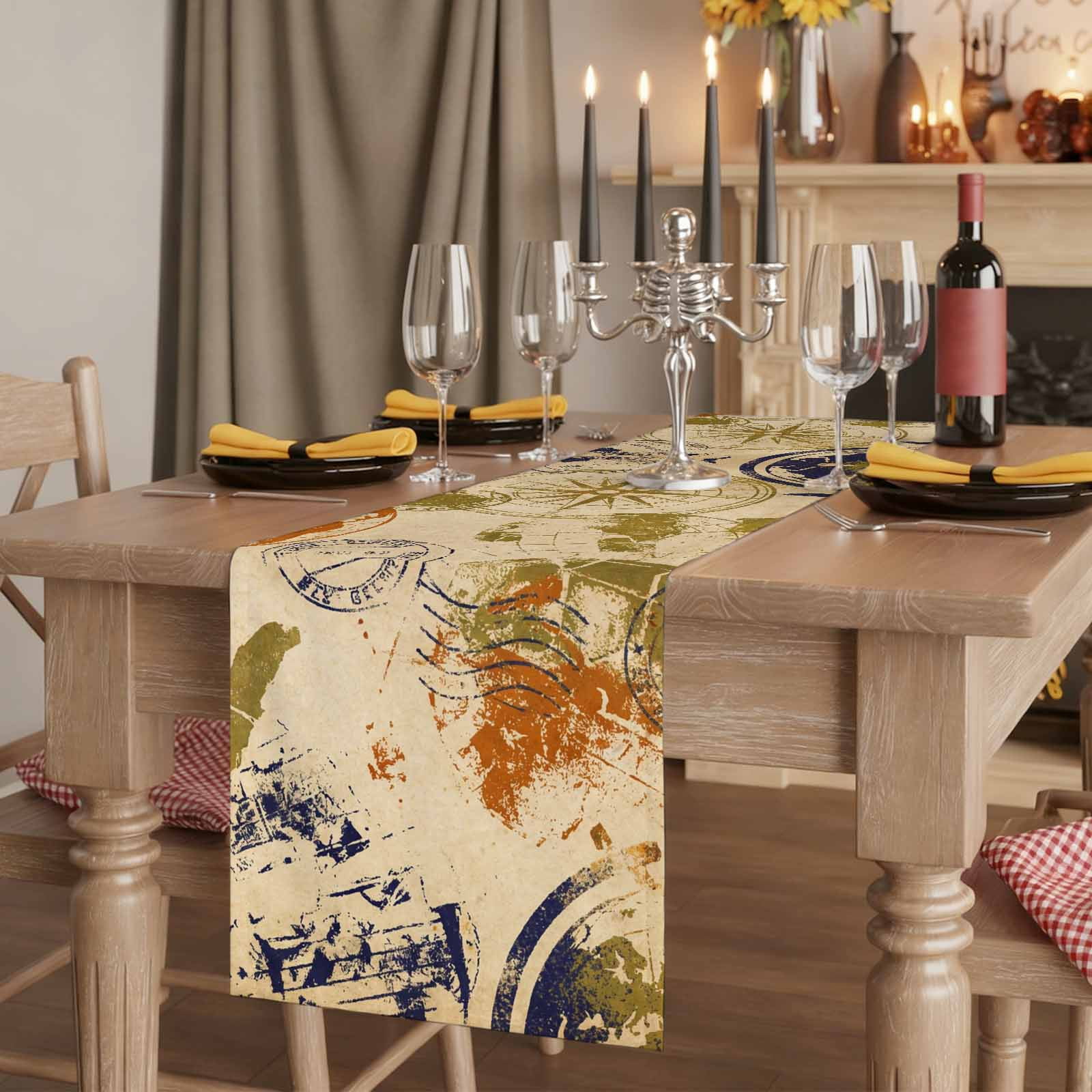Vintage Globe Burlap Cotton Table Runner 13x90 Inches Long, Abstract Travel Adventure Compass Farmhouse Table Runners, Outdoor Dining Tablecloths Decor for Baby Shower/Party/Wedding