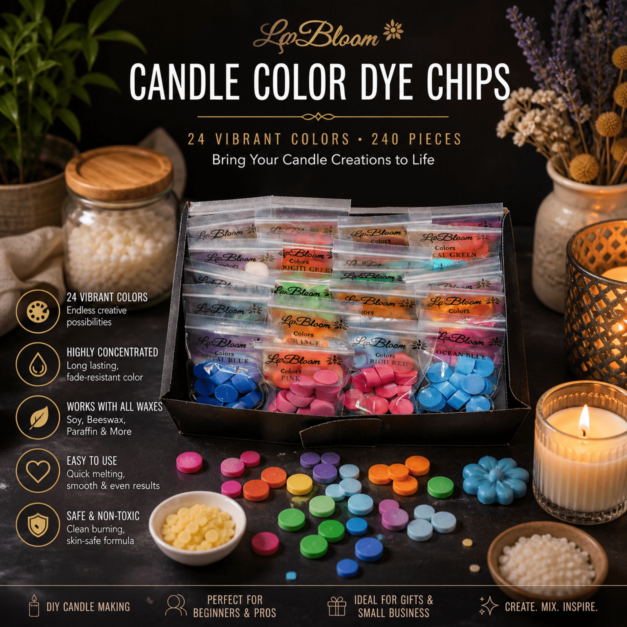 LwBloom Candle Color Dye Chips – 240 Pieces, 24 Vibrant Colors, Candle Making Dye for Soy, Beeswax & Paraffin, Long Lasting Wax Color Chips