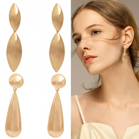 DESIGNICE 2 Pairs Statement Earrings for Women,Alloy Plating Geometric Teardrop Chunky Earrings,Gold Earrings for Women Fashion Jewelry Gift for Her,Style1
