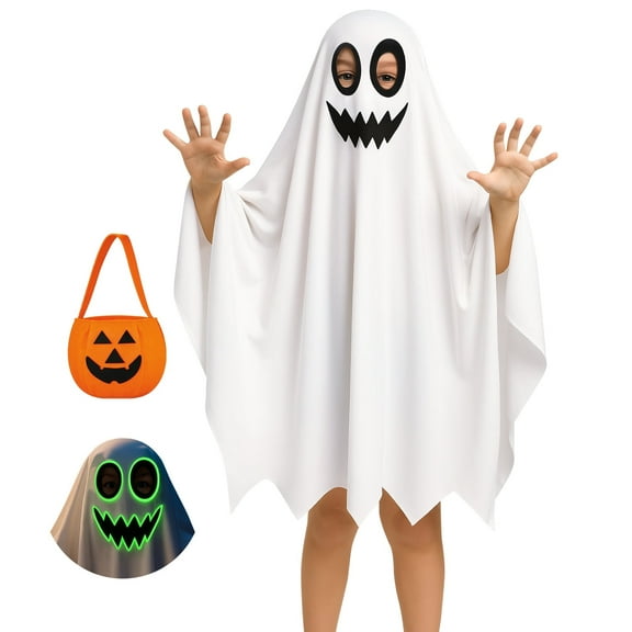 Kid Halloween Costume Boy Girl Ghost Smile Cape Cloak Hoodie with Bag Cosplay Outfits 3-14 Years