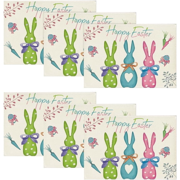 Colorful Rabbits Easter Placemats Set of 6, 12x18 Inch Seasonal Spring Table Mats for Party Kitchen Dining Decoration