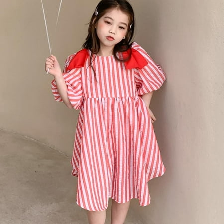 

PRAETER Girls Korean Striped Short Front And Long Back Round Neck Big Bubble Sleeve Dress