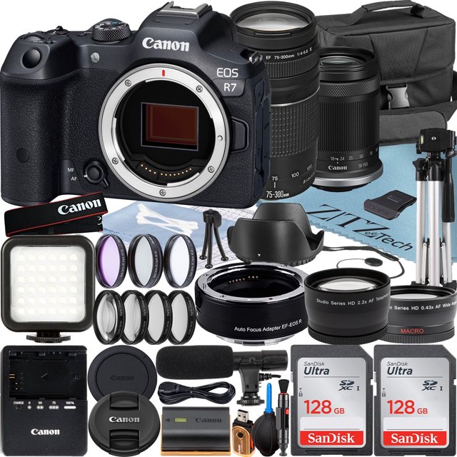 Cámara sin Espejo Canon EOS R7 con RF-S 18-150 Mm + Lente EF 75-300 Mm + Adaptador de Montura + Pack de 2 Tarjetas de Memoria SanDisk de 128 Gb + Estuche + Accesorio ZeeTech