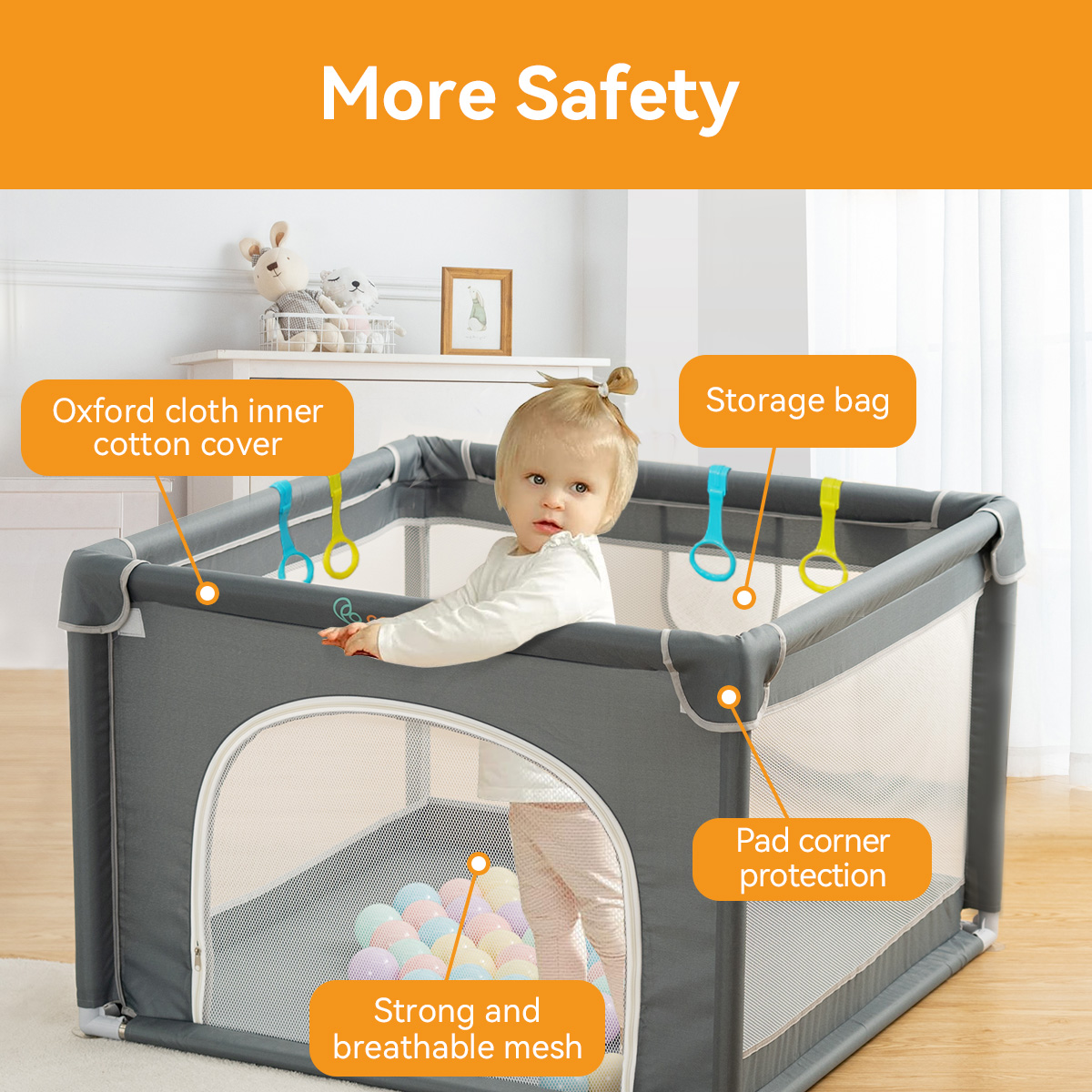 Baby Playpen, 36x36x27inch Portable Soft Mesh Sturdy Pipe Ample Space for Toddler, Gray - image 5 of 8