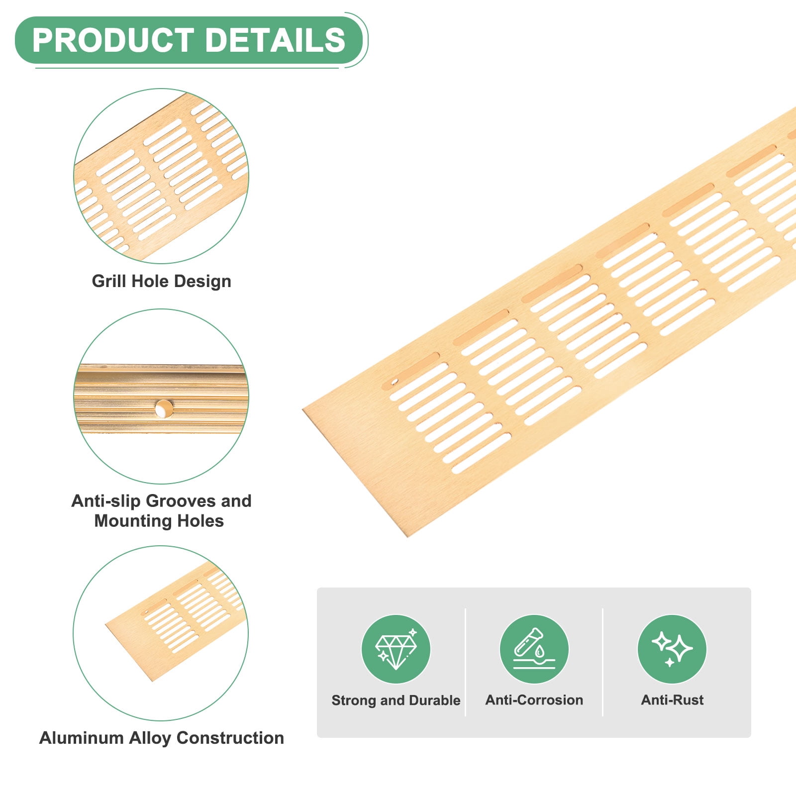 Uxcell 2-Pack Aluminum Alloy Door Air Vent Cover, 16x3"/400x80mm Ventilation Grille with Screws for Cabinet [Brushed Gold]