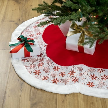 48" Country Cabin Red and White Glitter Snowflake Scallop Christmas Tree Skirt with Faux Fur Border
