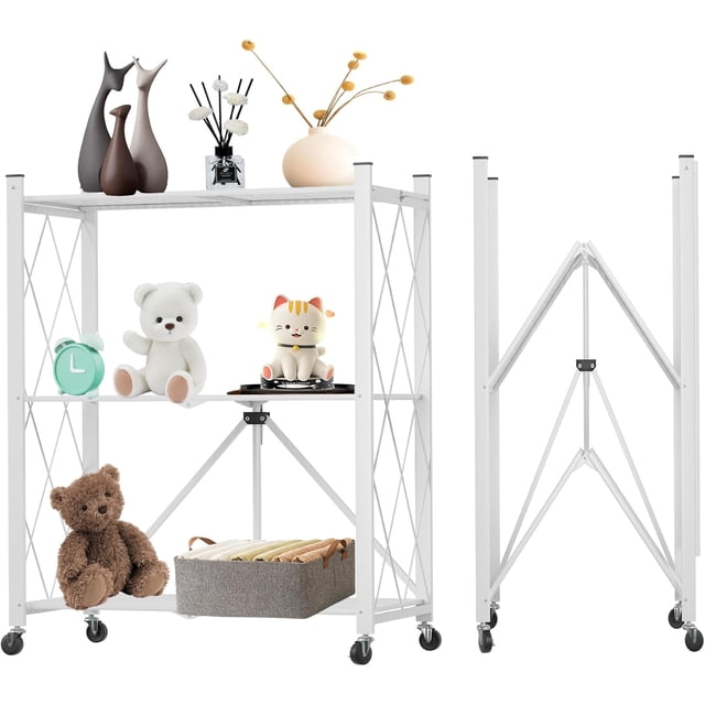 Tier Folding Shelf with Wheels Metal Steel Collapsible Shelves Folding Bookshelf no Assembly Portable Folding Storage Shelves Rolling Standing Utility Rack for Kitchen Office Rustic
