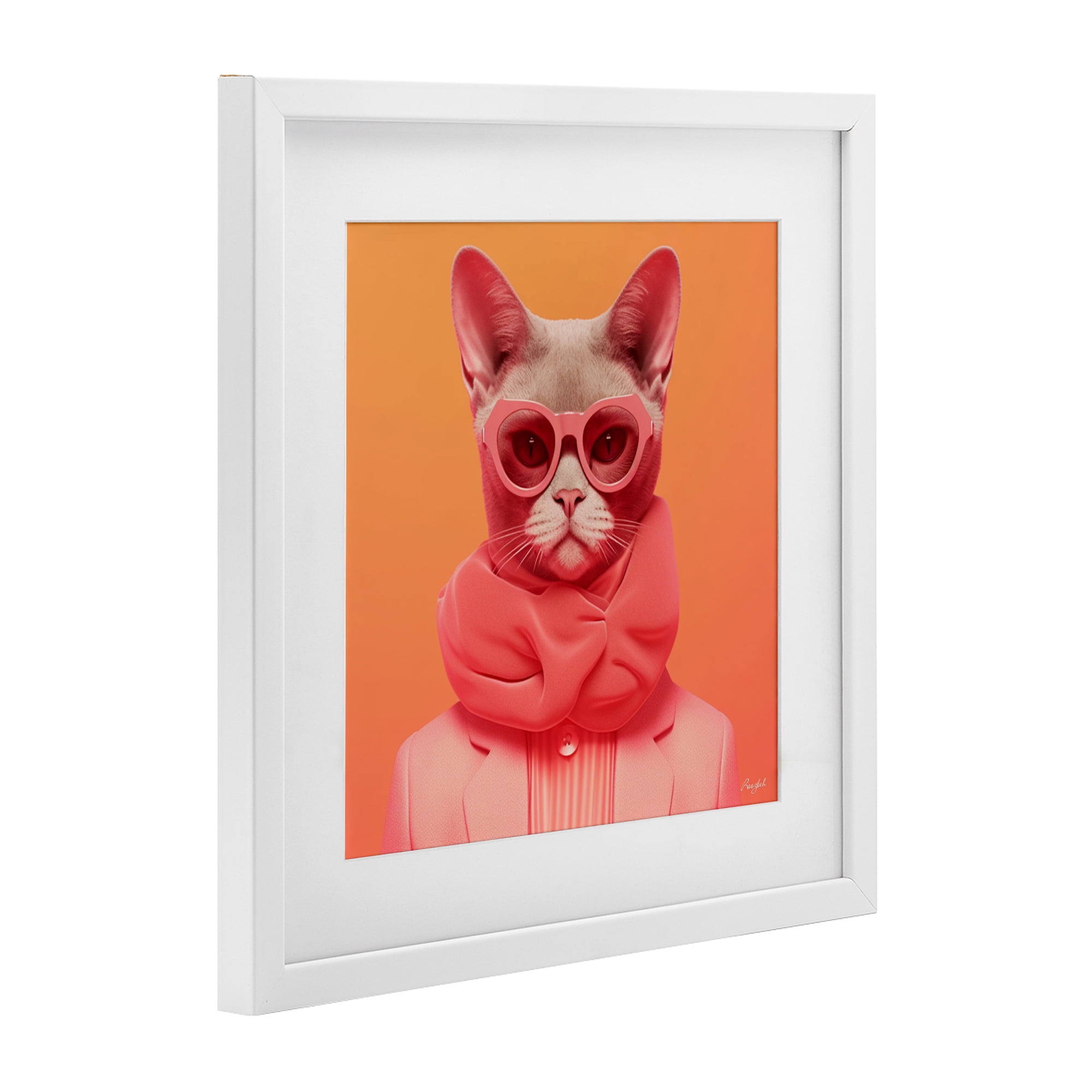 Stupell Industries Retro Glasses Cat on Orange White Framed Print Under Glass, design by Roozbeh