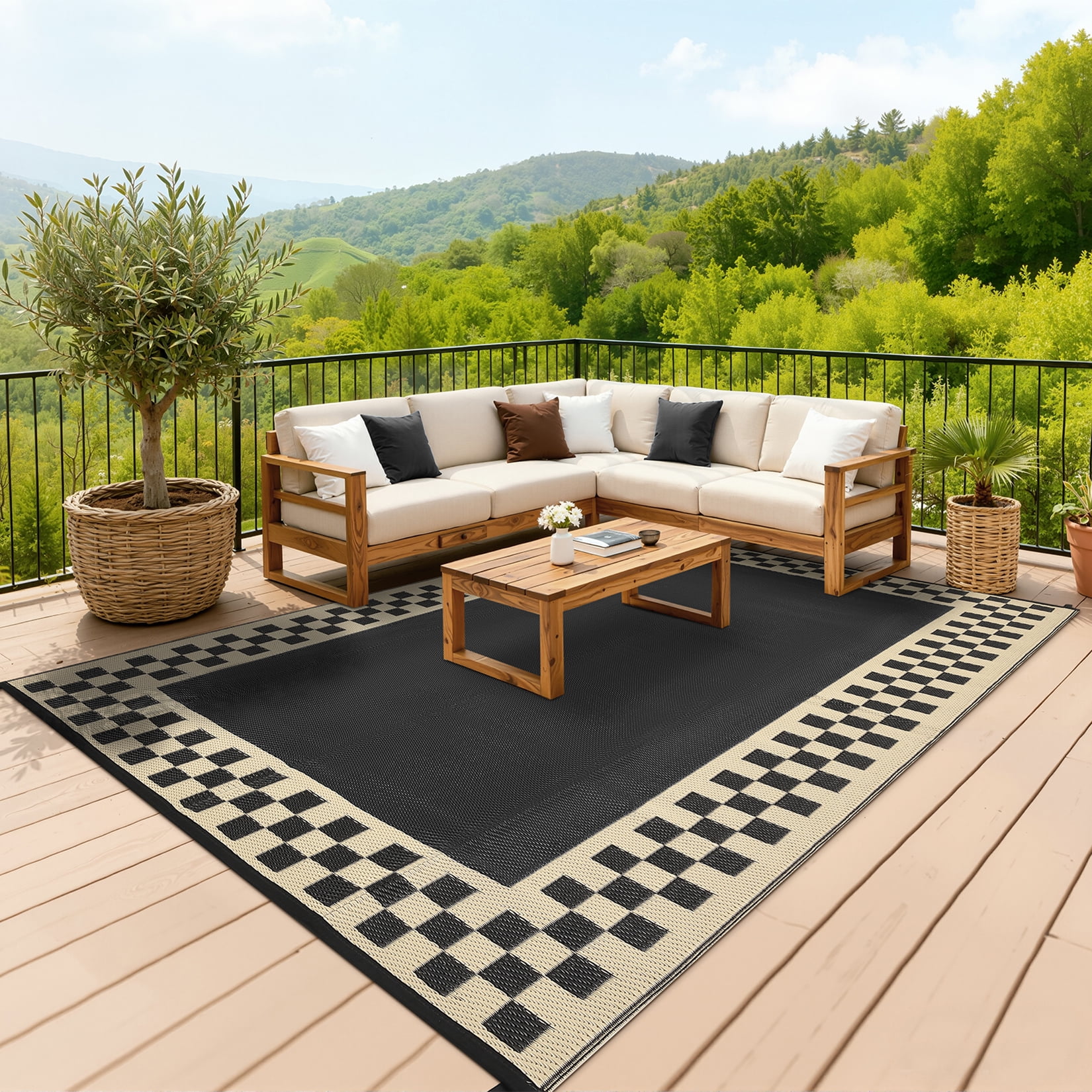 HIWEAVER 9' x 18' Black/Brown Outdoor Rug PP Plastic Straw Woven Waterproof Patio Rug with Border Portable Outside Carpet for Balcony Deck Picnic Garden Decor