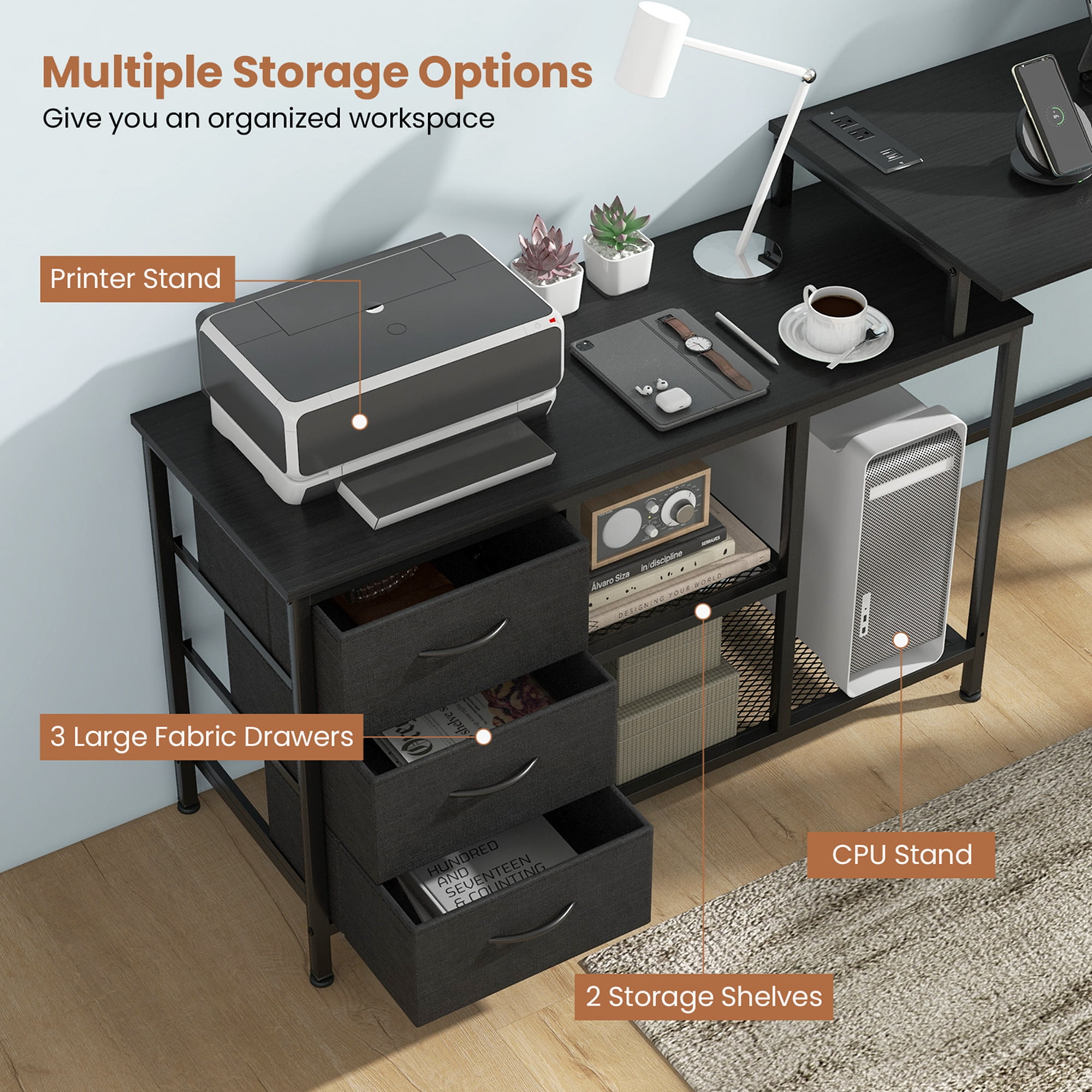Costway L-shaped Computer Desk with Power Outlet, Fabric Drawers, Metal Mesh Shelves Black