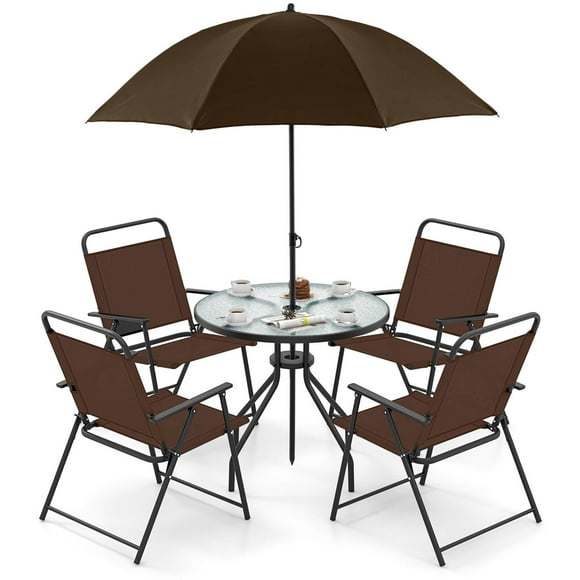 Costway Patiojoy 6 PCS Patio Dining Set Folding Chairs Glass Table Tilt Umbrella Garden Brown