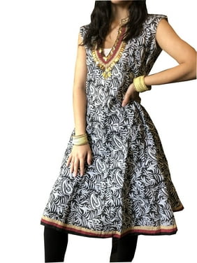 Mogul Women Tunic Dress Cotton White Blue Printed Sleeveless Tunic S