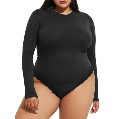 Sveltors Plus Size Long Sleeve Bodysuit for Women Casual Stretchy Crew Neck Sexy Lace T Shirts Tops