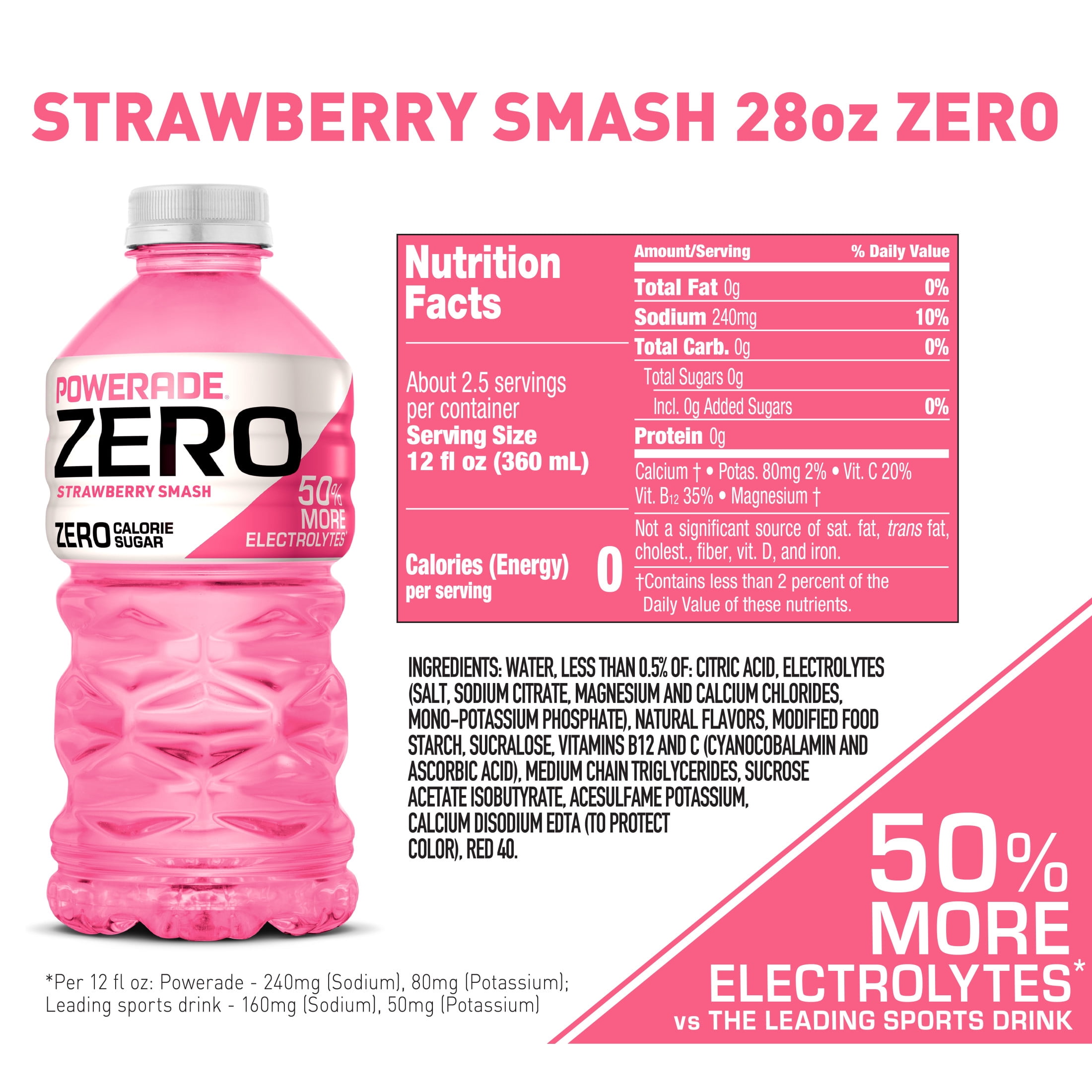 POWERADE Zero Sugar Strawberry Smash Electrolyte Sports Drink Bottle, 28 fl oz