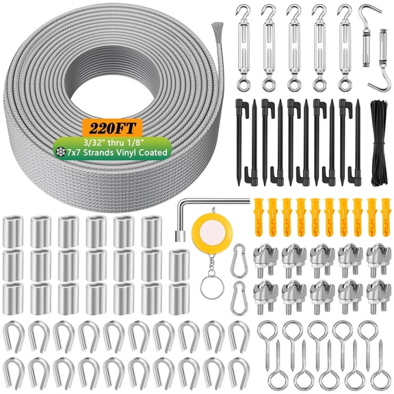 1/8" 220FT 304 Stainless Steel Vinyl Coated Wire Rope Kit