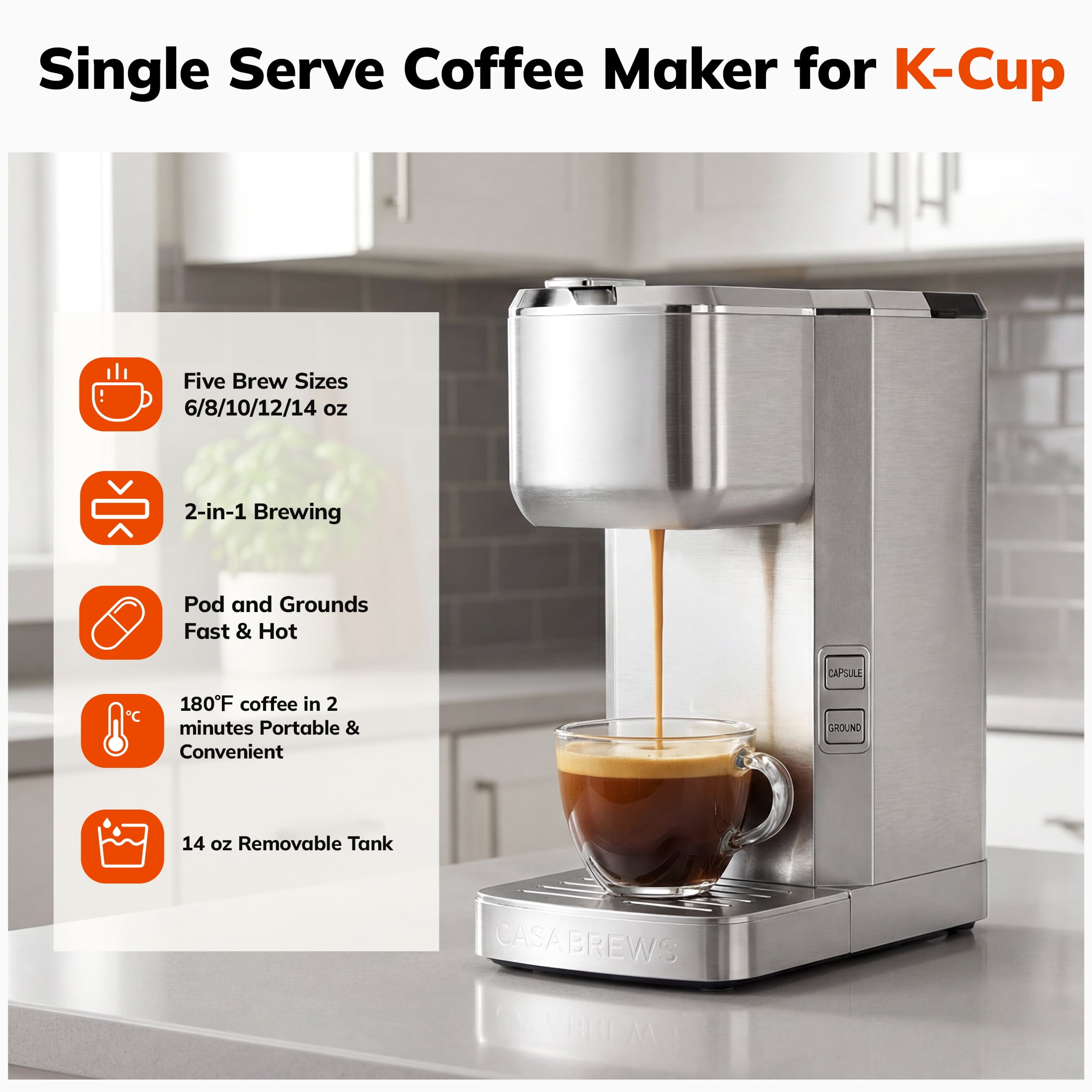 Coffee Maker 2-in-1 Single Serve Coffee Machine for K-Cup Capsule Pod and Ground Powder Brewer for Home Office Kitchen, Black