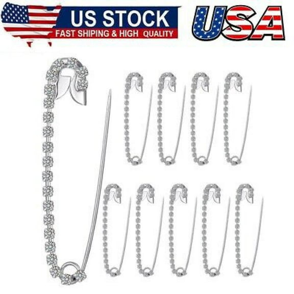 10Pcs Silver Tone Rhinestone Safety Pins Brooches 5.8x1.2cm