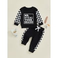 thumbnail image 4 of Jxzom Toddler Baby Boy Girl Fall Winter Outfit Mr. Steal Your Snacks Checkered Long Sleeve Crewneck Sweatshirt Tops Elastic Waist Pants 2Pcs Clothes Set, 4 of 9