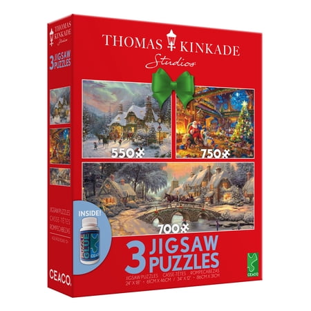 Ceaco - Thomas Kinkade - Snowy Scene - Three Interlocking Jigsaw Puzzles
