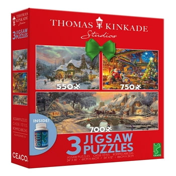Ceaco - Thomas Kinkade - Snowy Scene - Three Interlocking Jigsaw Puzzles
