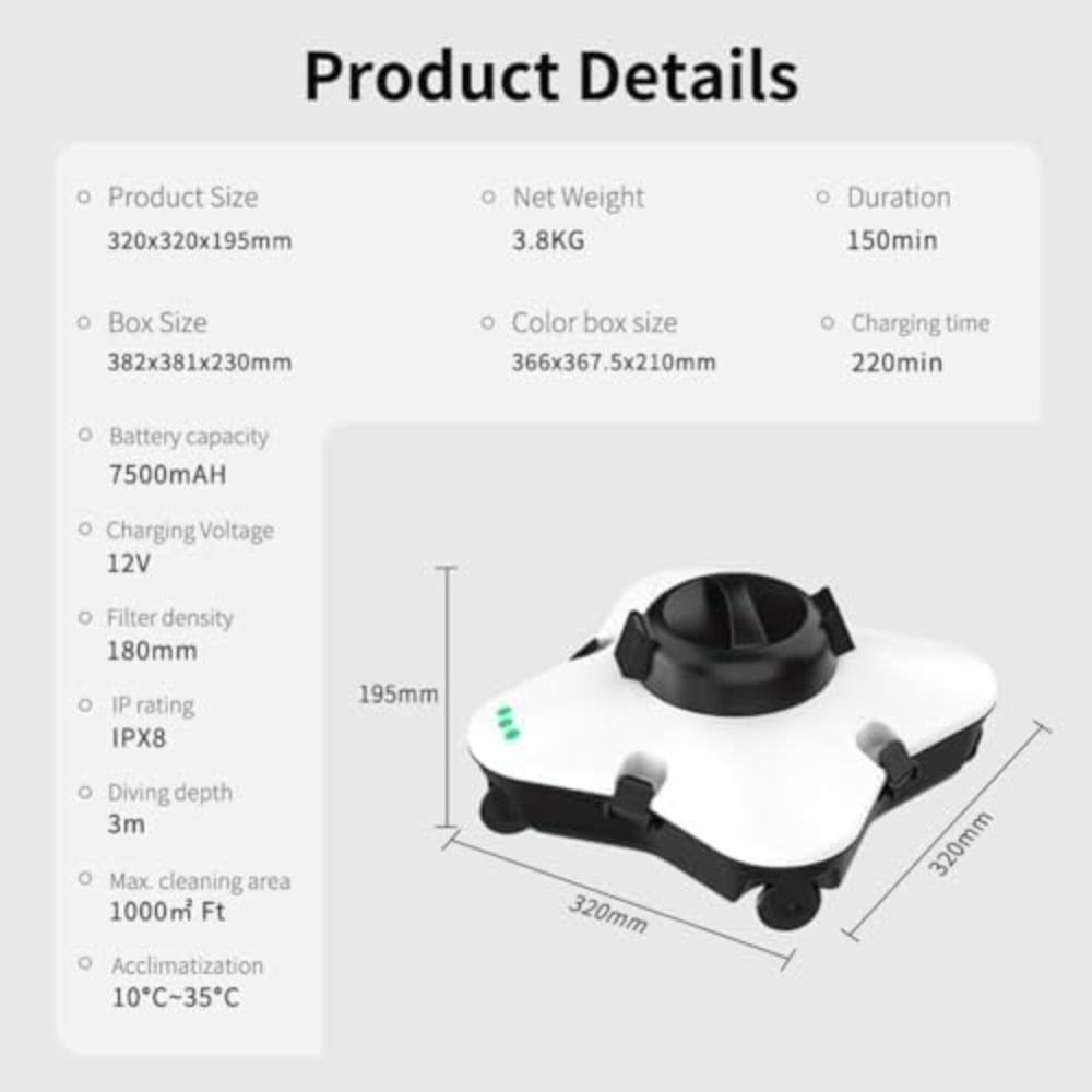 Automatic Pool Vacuum, Cordless Electric Robot for Above and In-ground Pools, Suitable for Areas Up to 1000 Square Feet -White