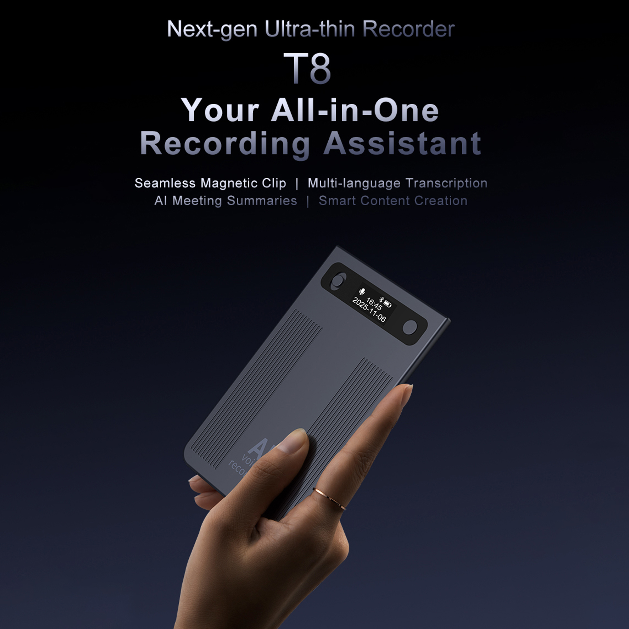 MUSICOZY AI Voice Recorder,Note Voice Recorder Transcribe&Summarize,AI Noise Cancellation Technology,Supports 120 Languages,64GB Memory APP Control Audio Recorder for Lectures,Meetings,Call,Dark Gray