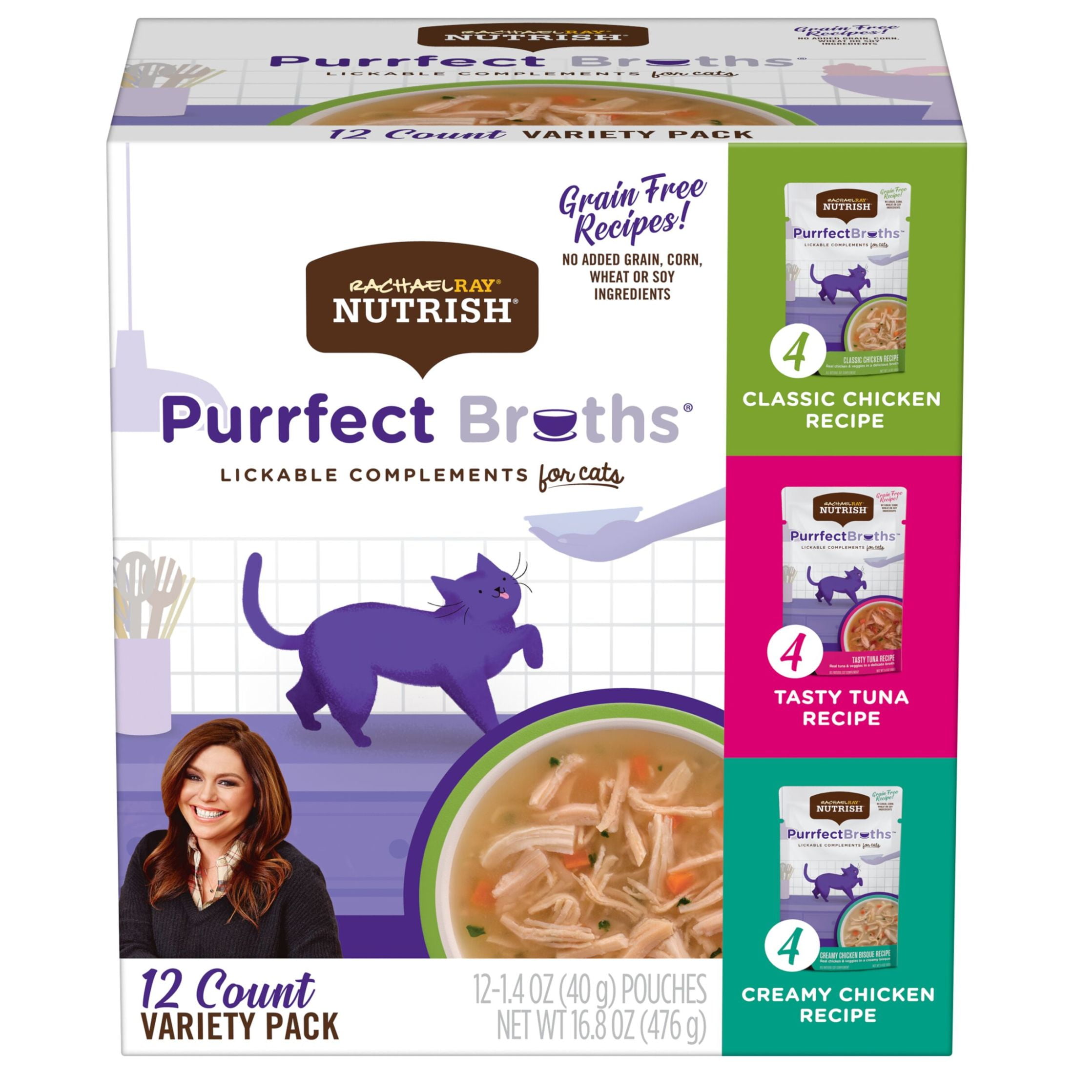 (4 pack) Rachael Ray Nutrish Purrfect Broths Variety Pack, Lickable Cat Treats, Box of 12-1.4 Ounce Pouches