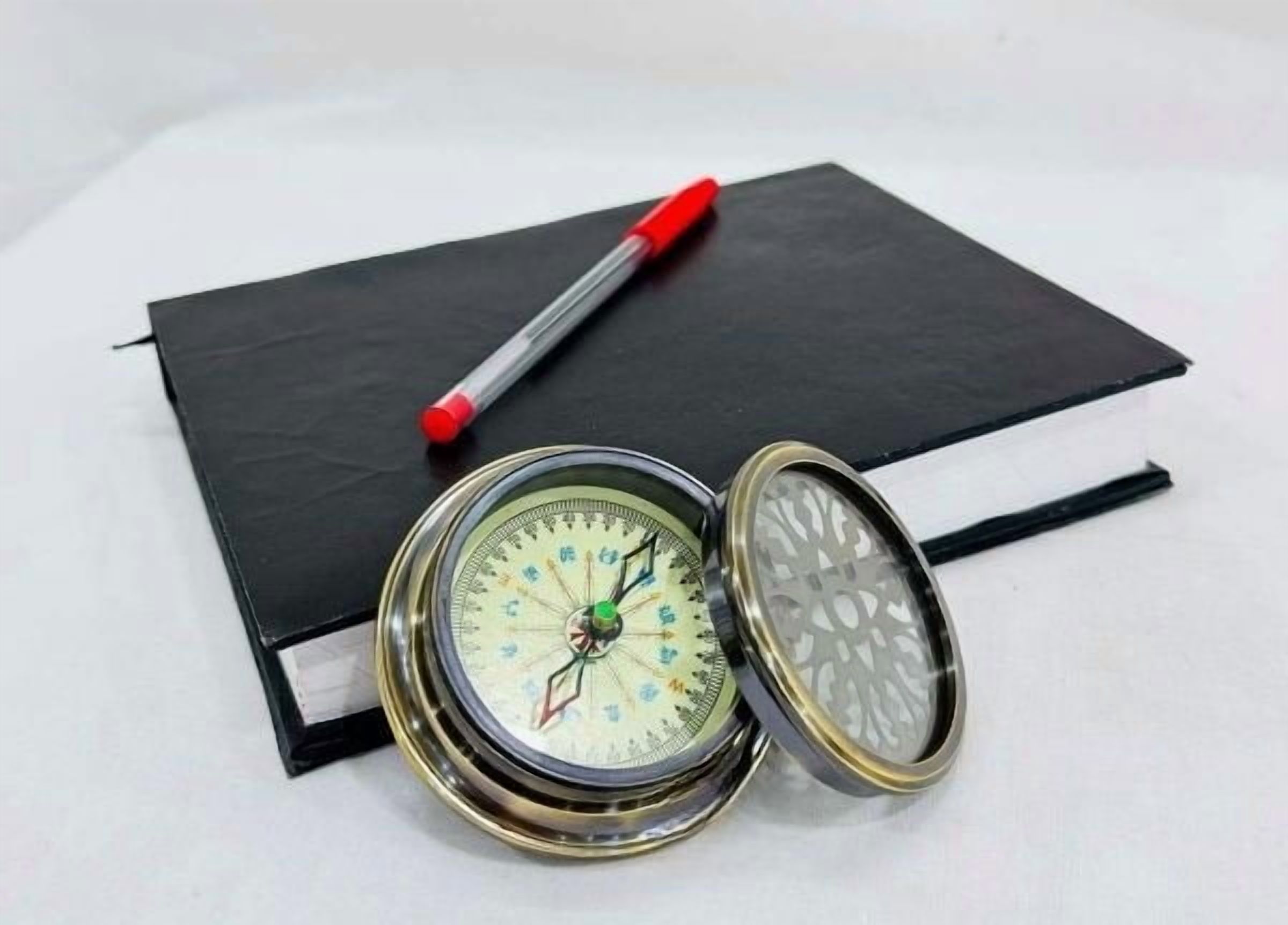 3" Nautical Brass Designer Pattern Direction Compass with Cap, Antique Look, Home Decor Gift Item