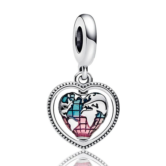 My Family Spinning Heart Globe Dangle Charm for Women Moment Bracelet Necklace Pendant