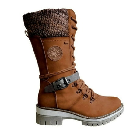 

Women s Winter Side-pull Lace-up Knitted Mid-tube Boots Low-heeled Round-toe Boots High-quality Winter Warm Boots