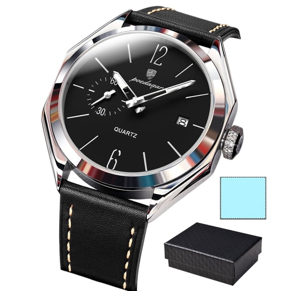 POEDAGAR Men Leather Quartz Watch Fashion Casual Luminous Date Wristwatch Water Resistant Luminous Hands Male Daily Business Clock