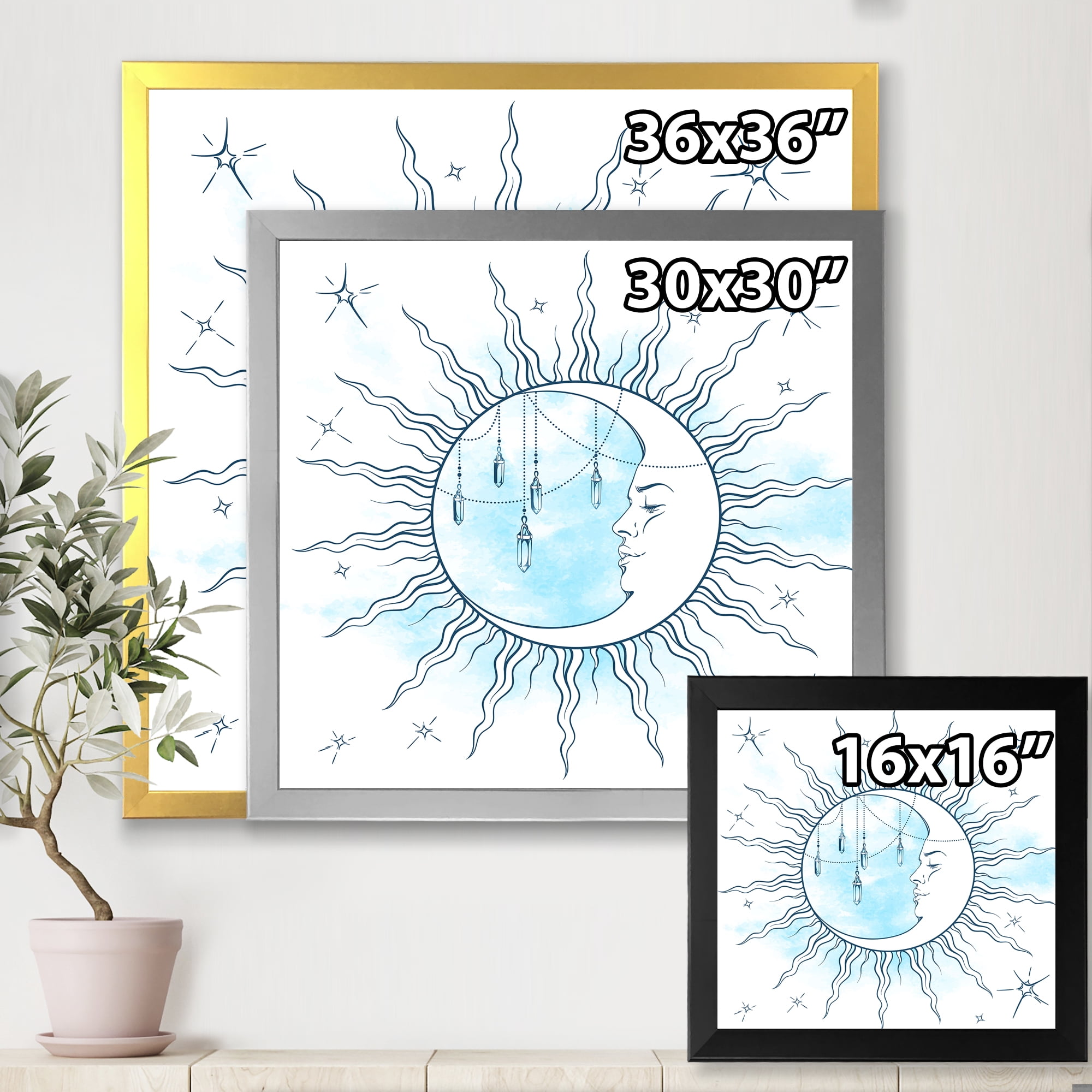 Blue Crescent Moon With Stars and Moonstone Pendants 16 in x 16 in Framed Painting Canvas Art Print, by Designart