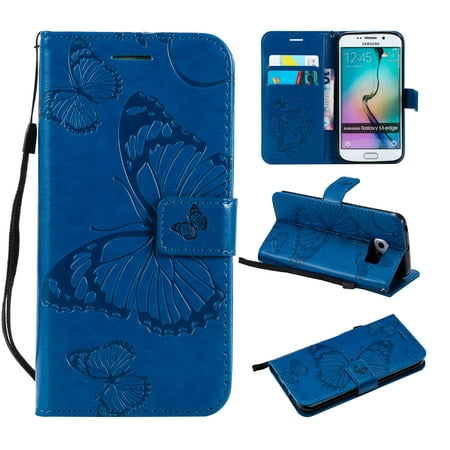 S7 Case, Samsung Galaxy S7 Case - Allytech Premium Wallet PU Leather with Fashion Embossed Floral Butterfly Magnetic Clasp Card Holders Flip Cover with Hand Strap, Blue