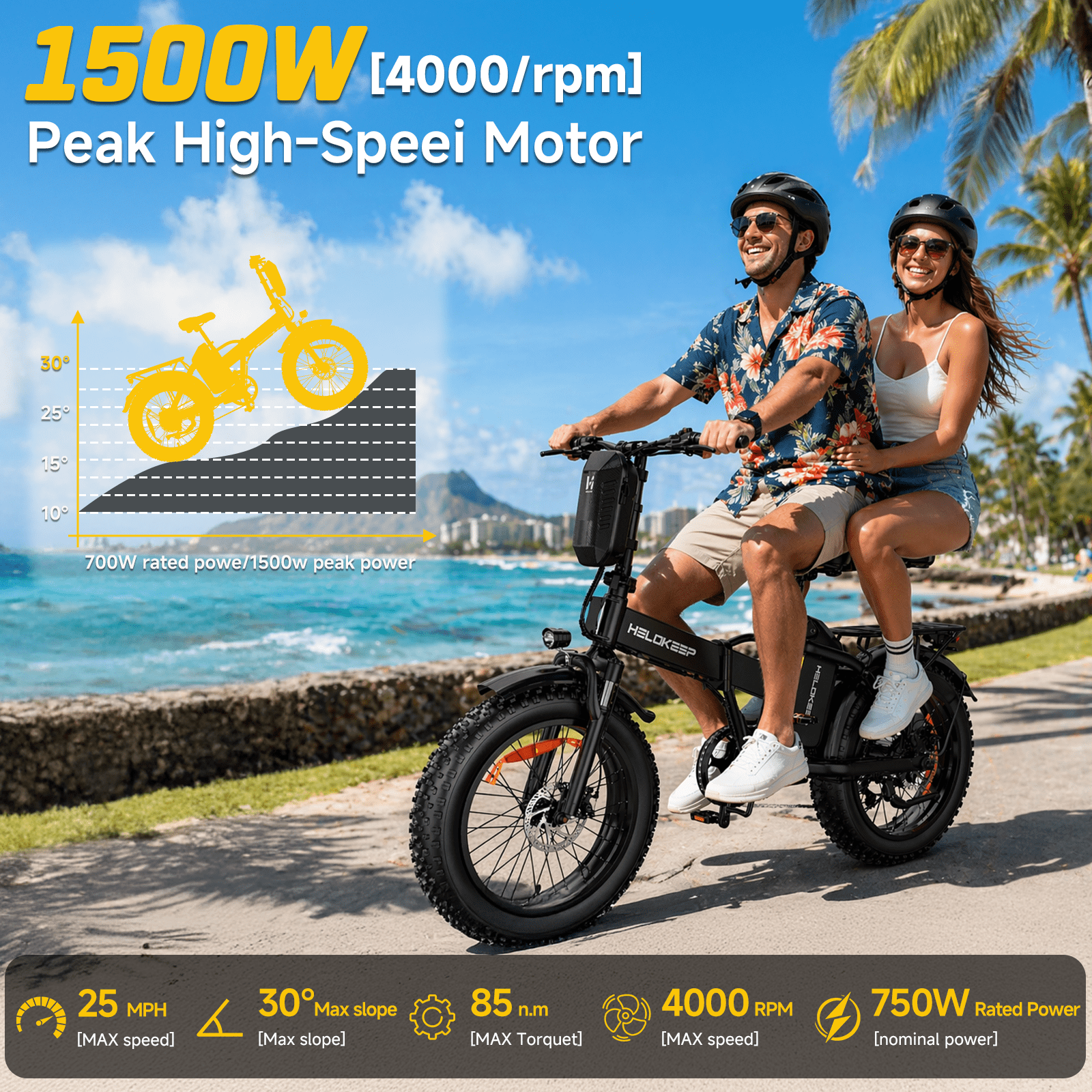 Folding Electric Mountain Bike for Adults, 750W/1500W Peak Motor, 48V 25Ah UL2849 Battery, 20"×4.0 Fat Tire, 7-Speed Off-Road E-Bike