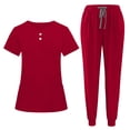 thumbnail image 3 of FRSASU Women's Solid Color Nurse Uniform Short Sleeve V Neck Button Top Side Slit Pockets Drawstring Jogger Pants Scrubs Set Red S(S), 3 of 9