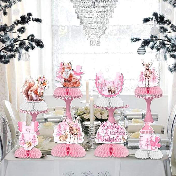 Baby Shower Honeycomb Centerpieces for Girl, Woodland Baby It's Cold Outside Baby Shower Decorations Pink for Winter Woodland Baby Shower Gender Reveal Party Supplies