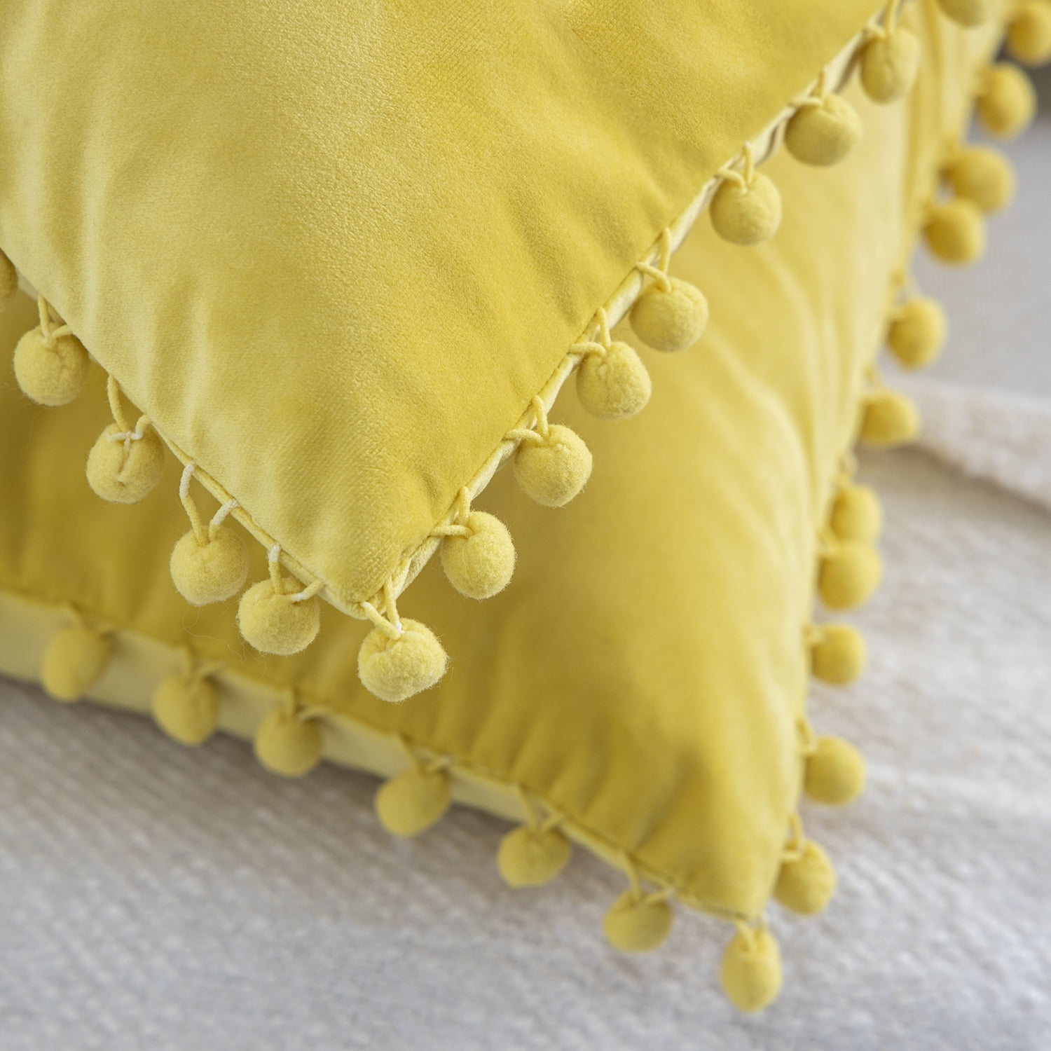 Phantoscope Velvet Series Pom Pom Square Decorative Throw Pillow, 18" x 18", Yellow, 1 Pack