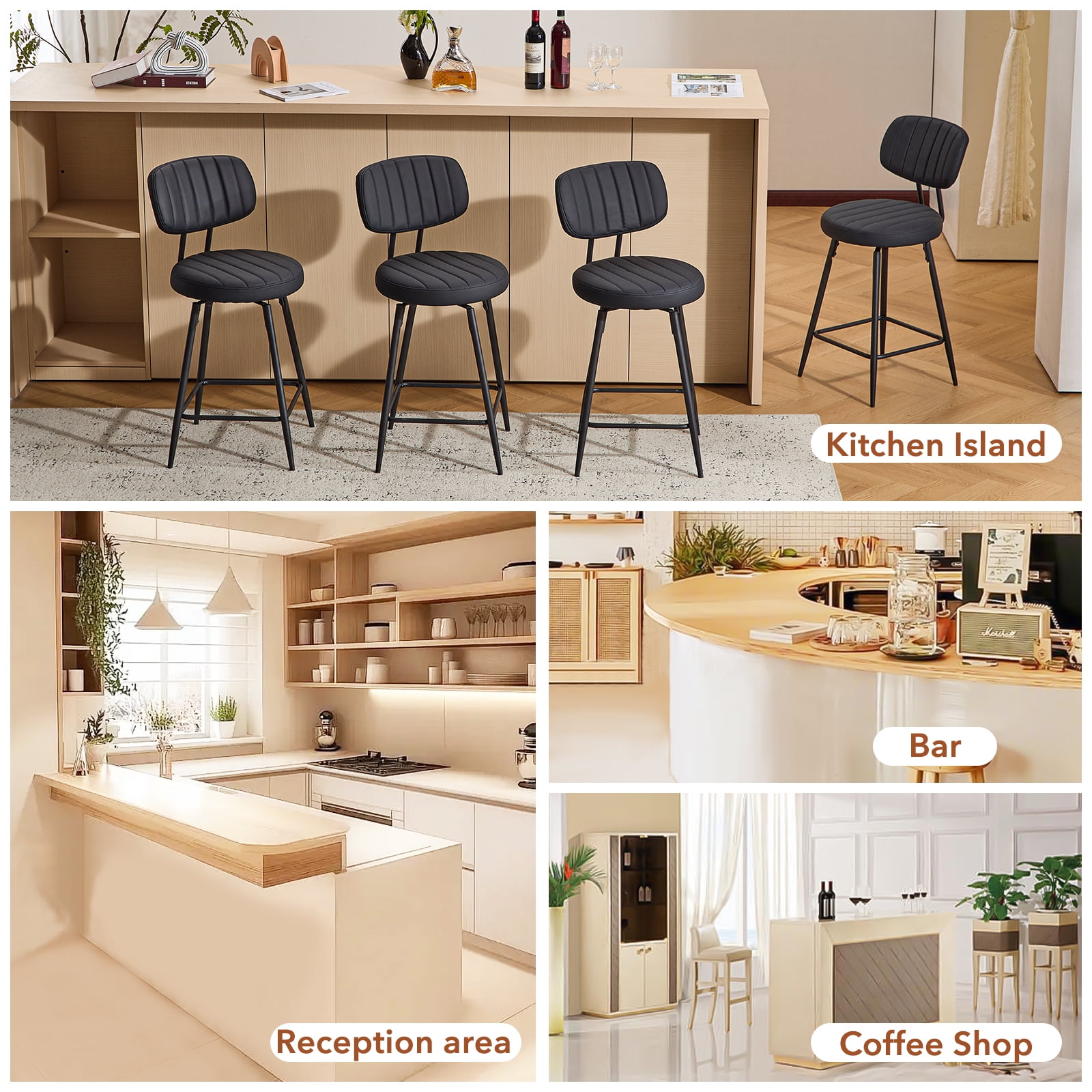 Furniliving 26" Modern Bar Stools Set of 2, Upholstered Swivel Counter Height Barstools with Back and Footrest, Adjustable Faux leather Barstool for Kitchen Island,Dining Room.Black