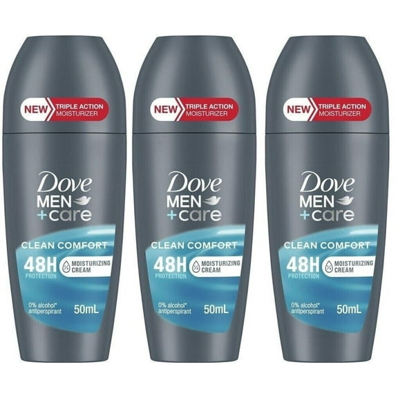 Dove Men Clean Comfort Deodorant Roll On 48 H, 50 ml Travel Size, Pack of 3