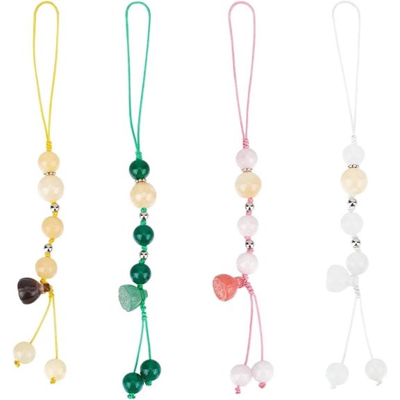 4Pcs Jade Lotus Phone Charm Straps 5.9 Inch Long Natural Gemstone Mobile Straps Lotus Keyring Strap Cell Phone Charm Accessories Wrist Lanyard for Phone Keychain Car Key Bag - 4 Styles